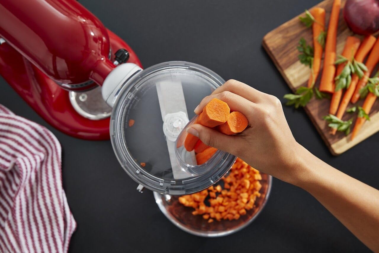 KitchenAid food processor attachment with dicing disc, model KSM2FPA, for slicing, shredding, and dicing.