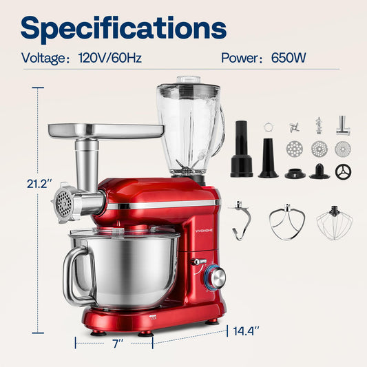 VIVOHOME 3-in-1 stand mixer, 6-quart tilt-head with meat grinder & blender, includes dough hook, beater, whisk, red.