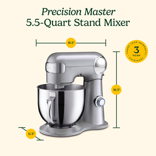 Cuisinart 5.5-quart stand mixer, 12 speeds, stainless bowl, whisk, paddle, dough hook, splash guard, SM-50BCNAS, Silver Lining.