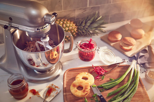 KitchenAid Artisan 5-quart tilt-head stand mixer value bundle with Flex Edge Beater, KSM150FECU, Contour Silver.